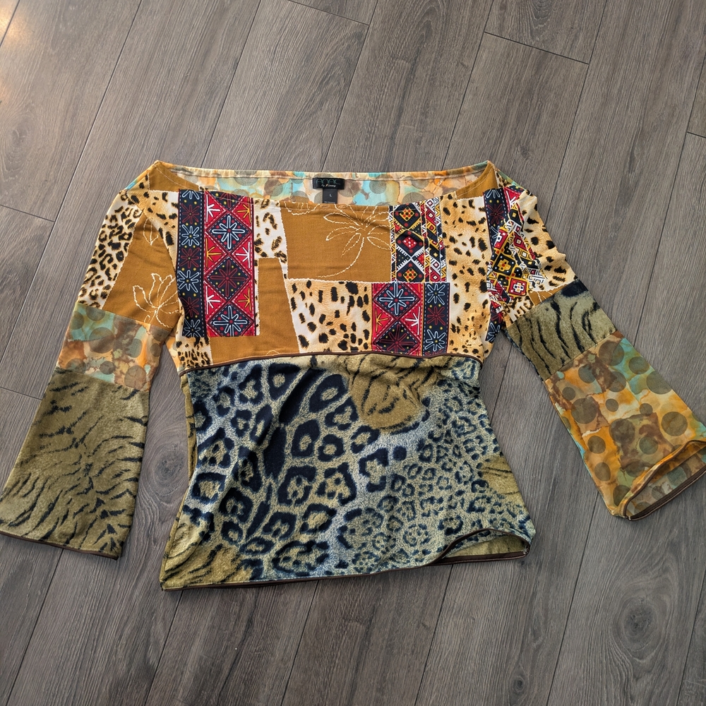 Vintage Y2K Anac Multicolor Patchwork Off-Shoulder Blouse